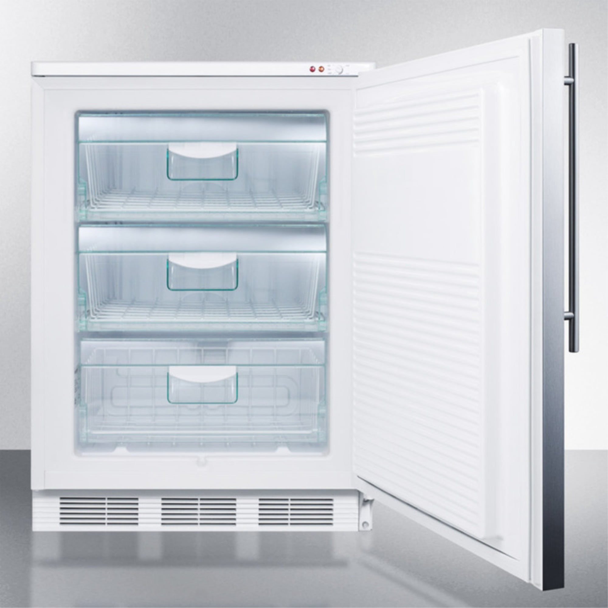Built-in medical all-freezer capable of -25 C operation, with front lock, wrapped stainless steel door and thin handle