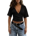 thumbnail image 6 of ZZkhGO Women's Crop Tops Ruched V Neck Short Sleeve Solid Casual Fashion Summer Slim Tops, Black XXL, 6 of 7