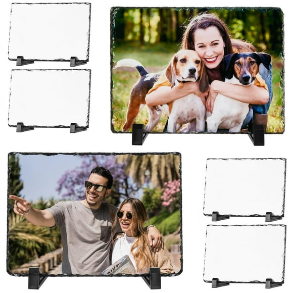 Keepwaters Sublimation Slate Blanks, Sublimate Slates With Display Holder, 6 Pack Square Sublimation Plaque, Heat Thermal Memorial Slates Rock Stone Photo Frame For Desktop Souvenir DIY