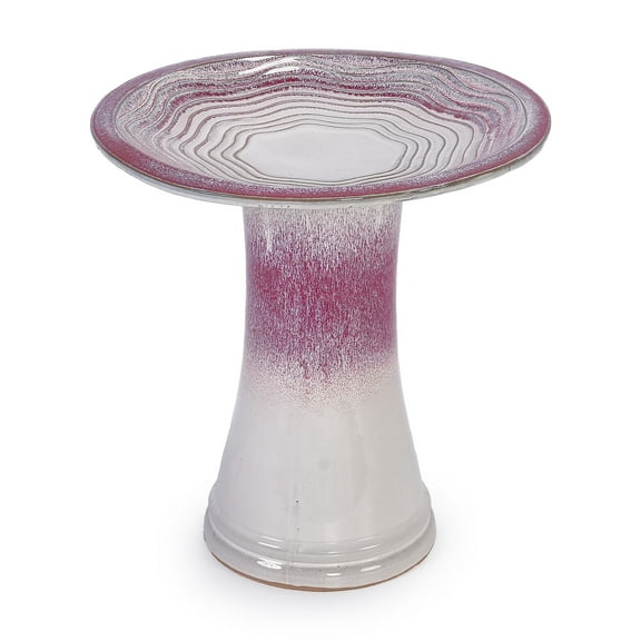 Ceramic Bird Bath with Rose Ombre Finish, Outdoor Garden Decor for Patio Lawn - Frost Resistant Elegant Birdbath with Striped Design