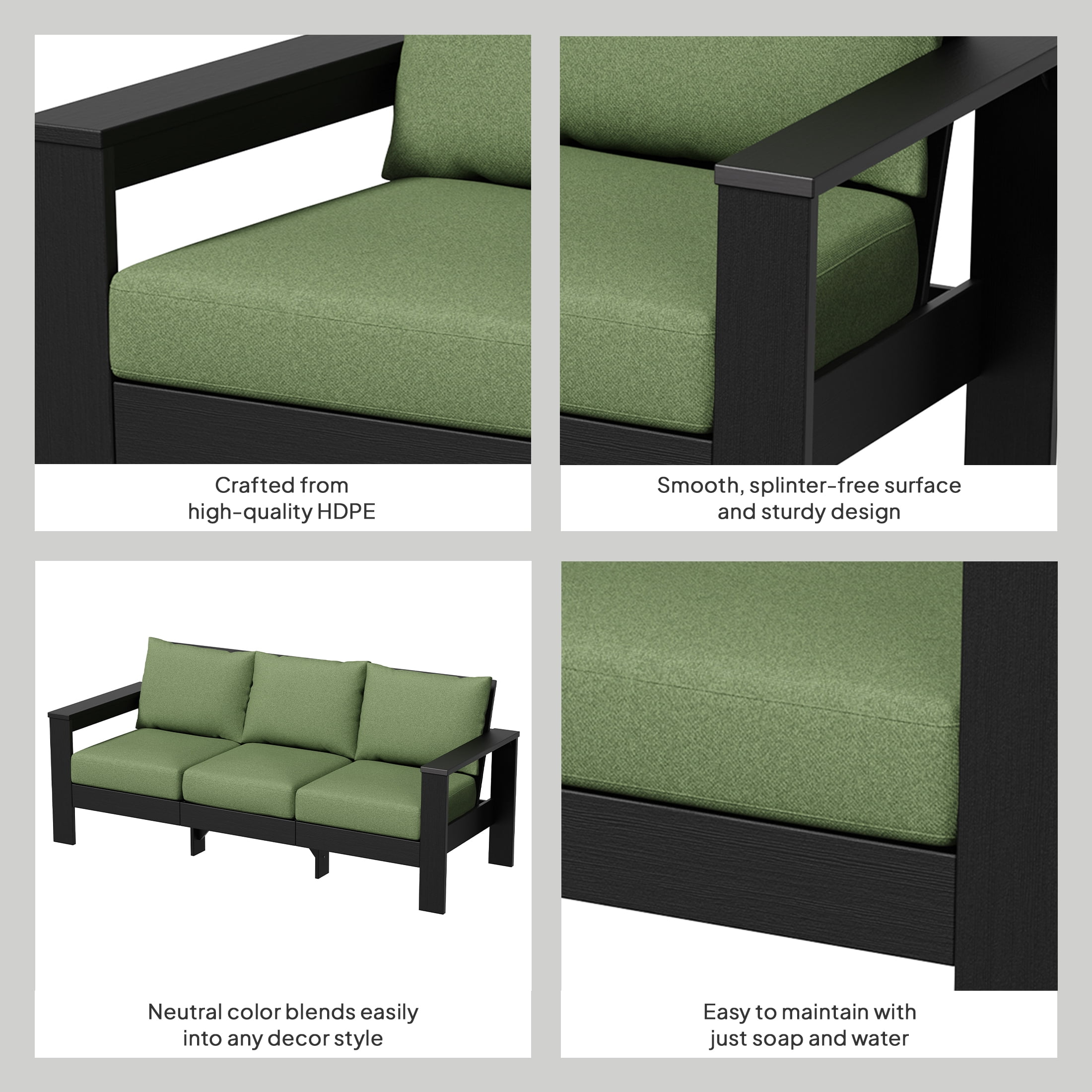 Better Homes & Gardens Ezra Outdoor HDPE Sofa, Black with Green Cushions