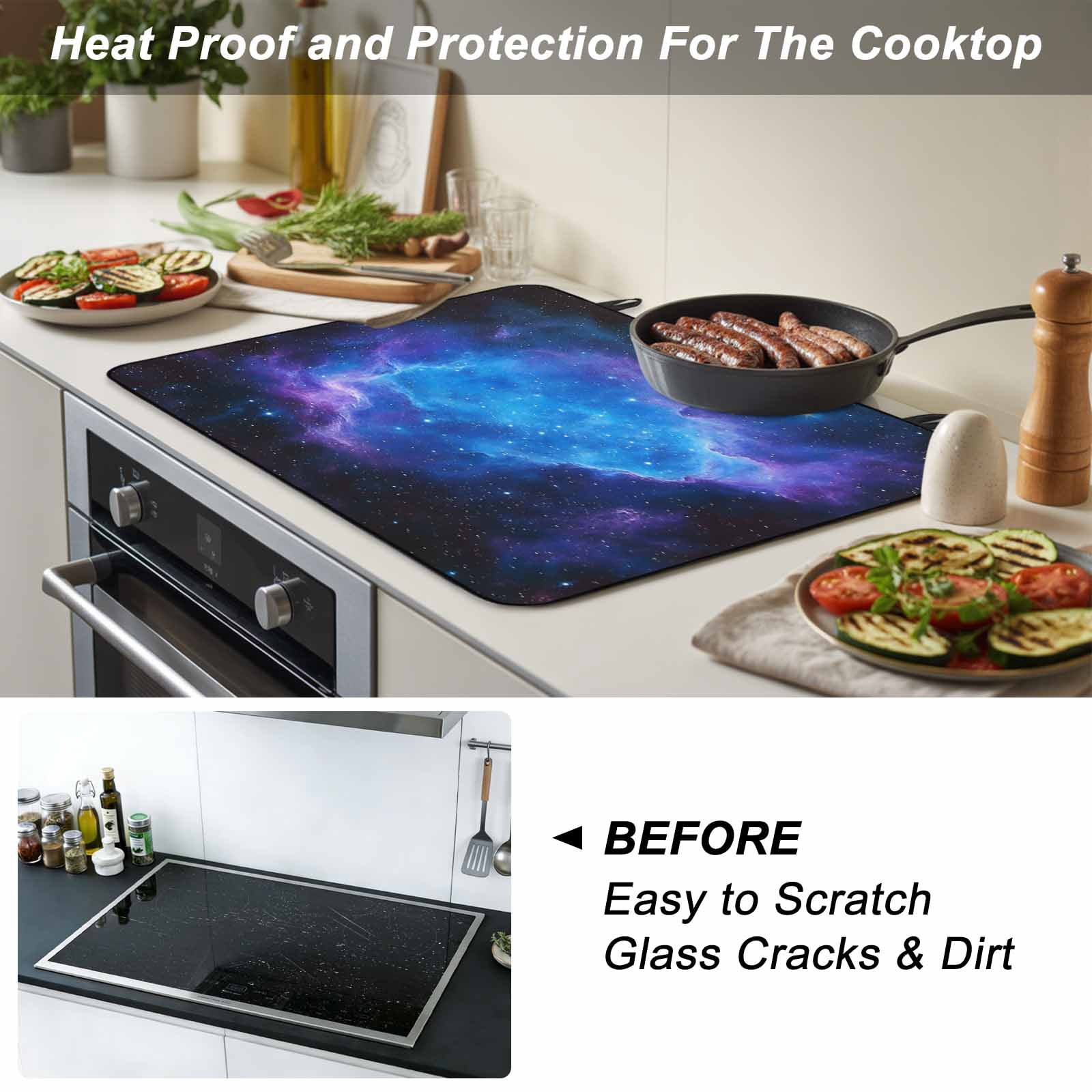 Blue Purple Stove Top Cover for Electric Stove, Heat-proof & Non Slip Glass Top Stove Cover Protector, Modern Abstract Night Sky Stars Kitchen Flat Cooktop Rubber Mat 24x21 Inches