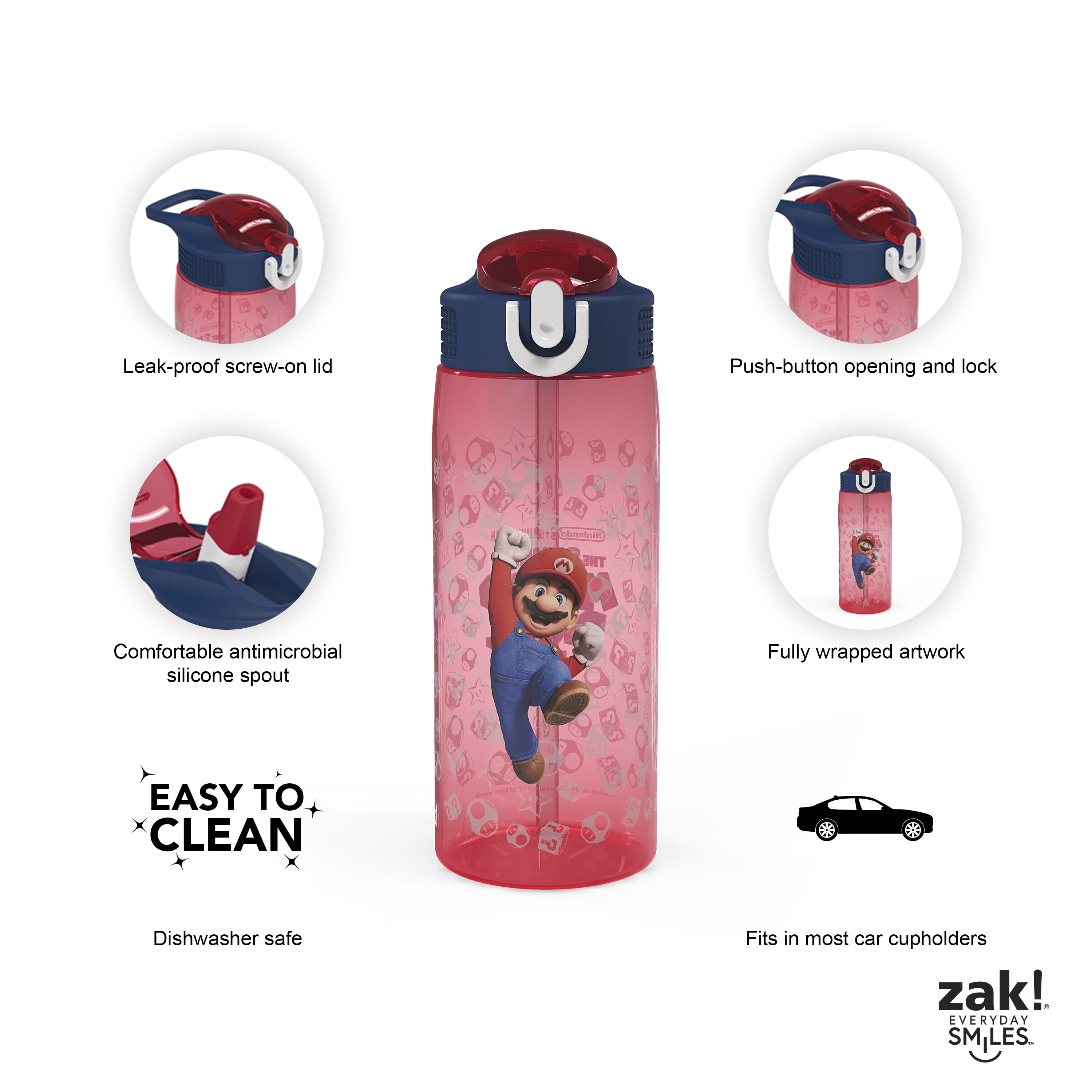 Zak Designs 25oz Mario Kids Straw Water Bottle, Durable Plastic Park Bottle with Easy-Open Locking Spout Cover for Travel, Built in Carry Handle