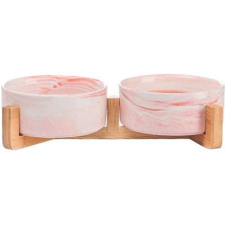 Marble Pink Ceramic Cat Dog Bowl Dish with Wood Stand No Spill Pet Food ...