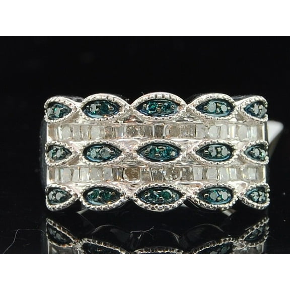 Blue Diamond 5 Row Wedding Band Ladies .925 Sterling Silver Baguette Ring 1/2 Ct