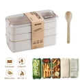 thumbnail image 5 of FNNMNNR Bento Box Stackable Bento Box,Lunch Box Kit With Spoon & Fork, 3-In-1 Compartment Whea-t Straw Meal Prep Containers,Leakproof Eco-Friendly Stackable Bento Lunch Box Meal(Beige), 5 of 5