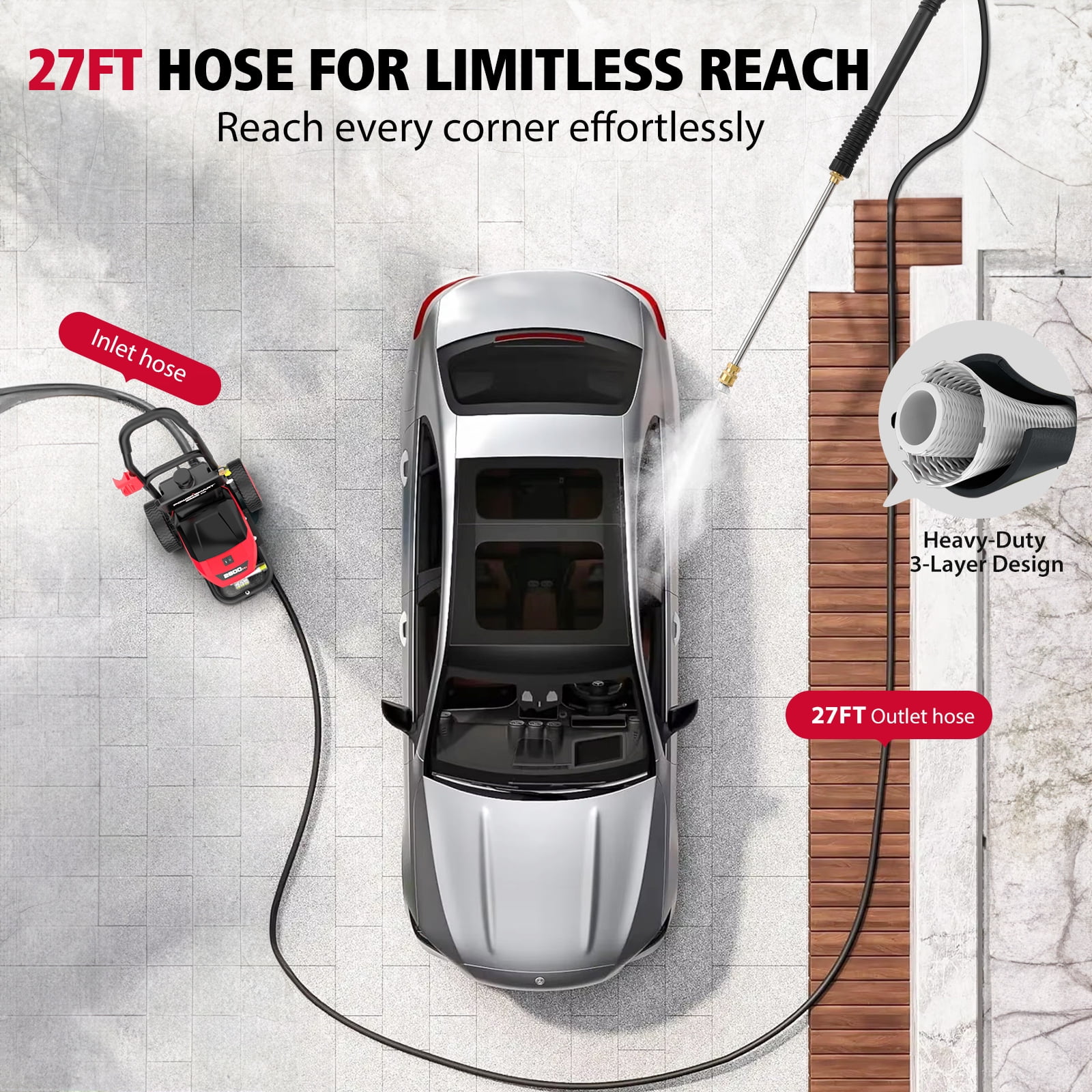 PowerSmart 2600PSI Electric Brushless Pressure Washer, 1.2GPM, 1800W, 27FT Hose, Safety Lock