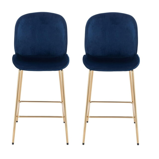 Set of two Plata Import Lotus stools in blue velvet with gold metal legs for dining area