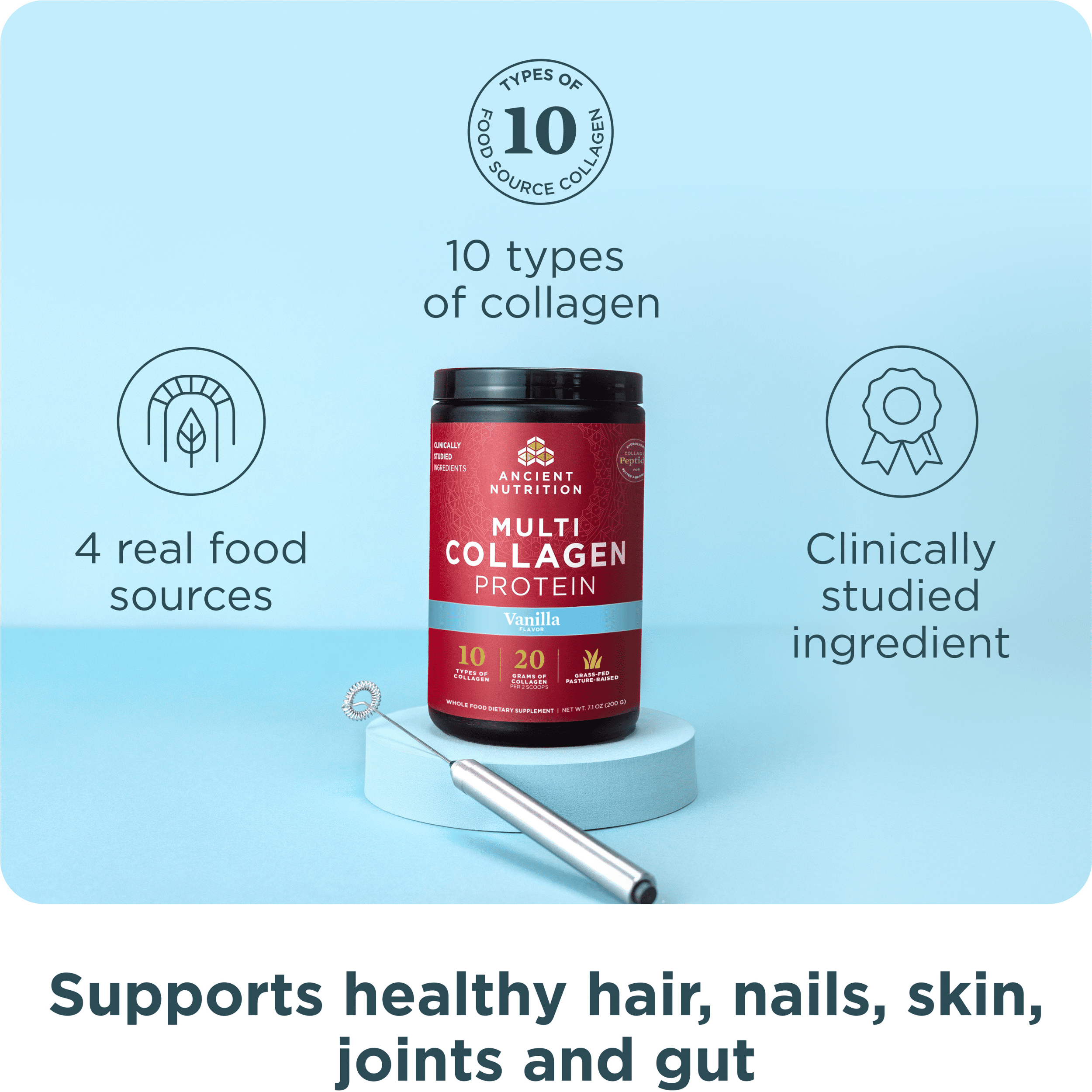 Ancient Nutrition Hydrolyzed Collagen Peptides Powder, Vanilla Multi Collagen Powder for Women and Men, 20 Servings, Supports Skin and Nails, Gut Health