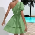 thumbnail image 3 of QUYUON One Shoulder Dresses for Women Casual Summer Short Sleeve Mini Dress Solid Color Elastic Waist Ruffle Tiered Pleasted A-Line Babydoll Dress Short Beach Sundress Style D-1932 Green S, 3 of 4