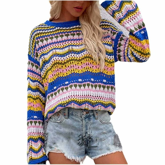 Trendy Hollow Out Sweaters for Women Colorful Striped Printed Pullover Sweater Long Sleeve Crewneck Crop Sweater Top