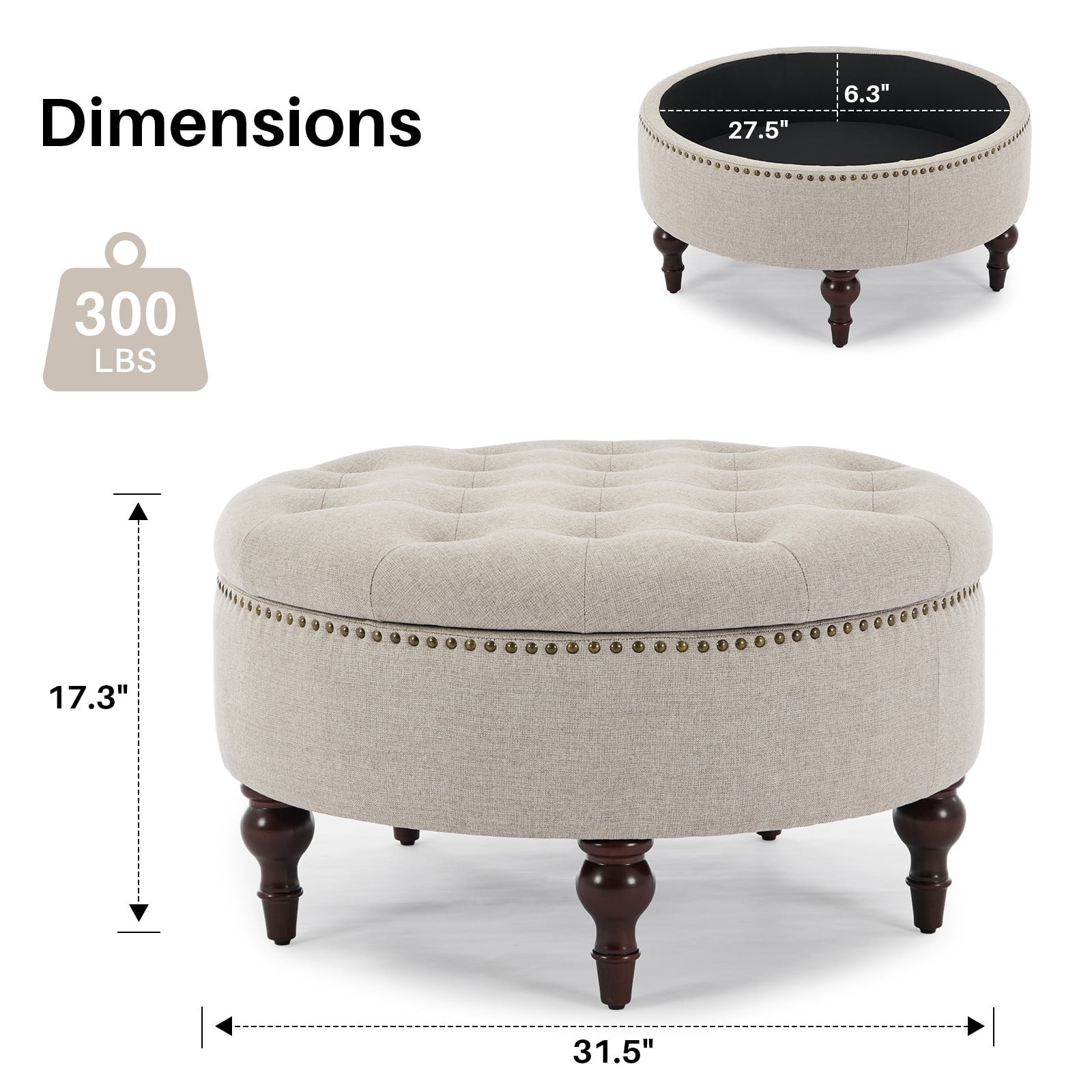 JURANYAZHU 31.5 Inch Oversized Storage Ottoman, Upholstered Storage Seat, with Reversible Lid, Multifunctional As a Coffee Table, Linen Fabric, for Living room,Bedroom,Light Brown