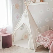 BSHAPPLUS Teepee Tent for Kids, Natural Cotton Canvas Teepee Play Tent Beige White, Toys for Girls/Boys Indoor & Outdoor Playing