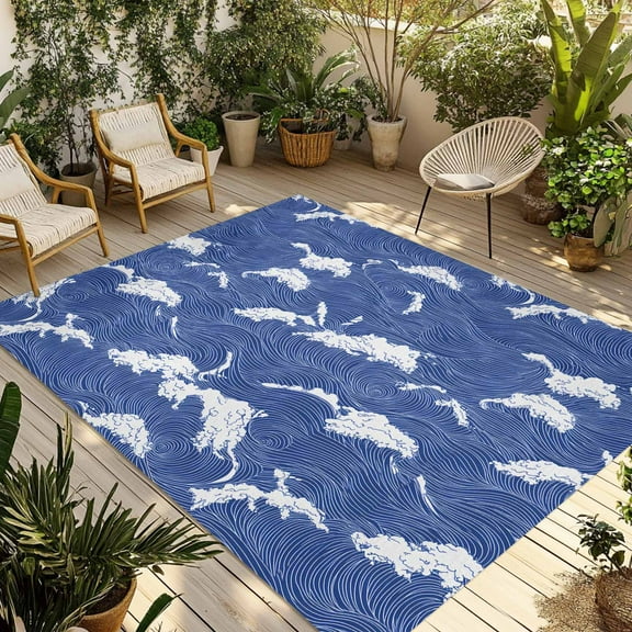 Fsddascl Blue White Ocean Waves Outdoor Rug for Patio/Deck/Porch, Non-Slip Large Area Rug 6 x 9 Ft, Coastal Abstract Art Moire Indoor Outdoor Rugs Washable Area Rugs, Reversible Camping Rug Carpet