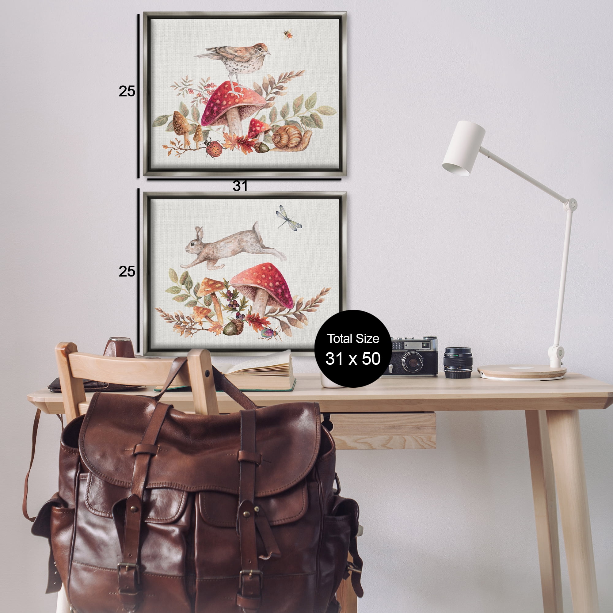 Stupell Industries Woodland Bird Rabbit Mushrooms Plants & Flowers Painting Gray Floater Framed Canvas Art Print Wall Art, 31 x 25, Set of 2