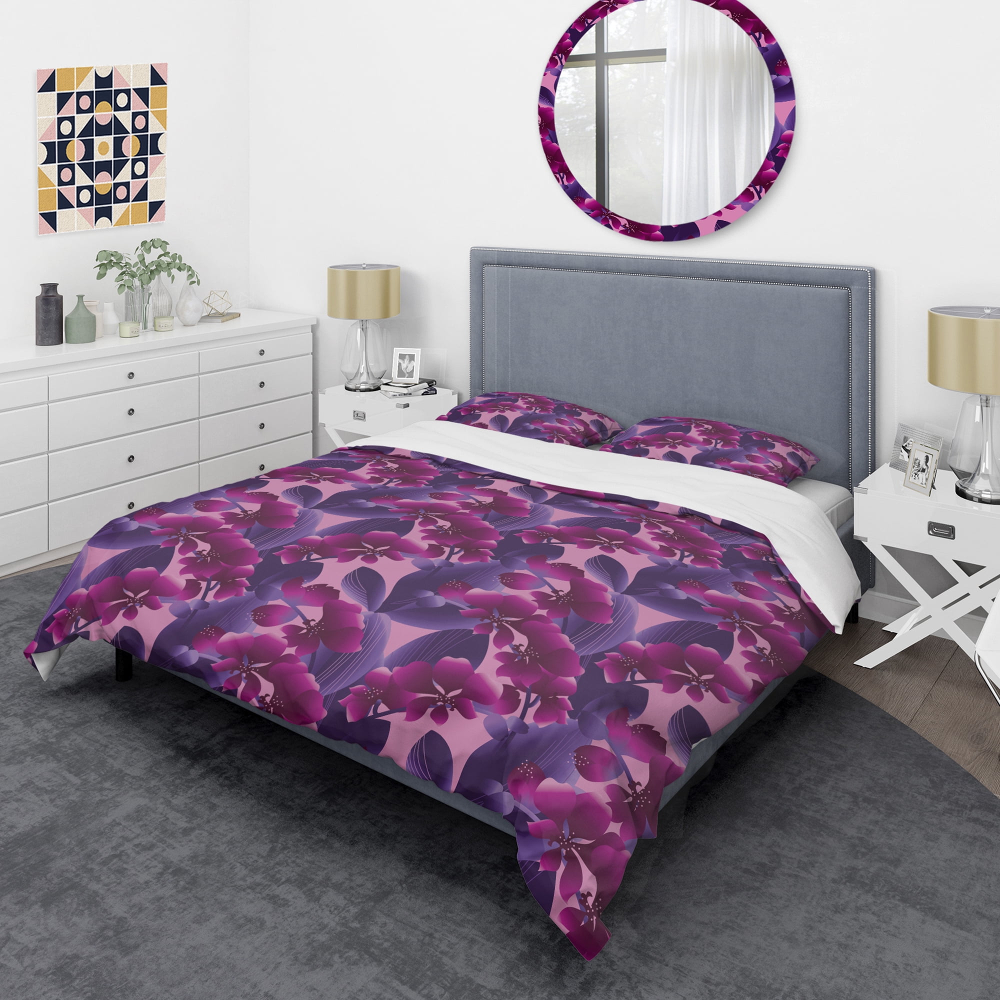 Designart 'Orchid blossom colorful pattern' Mid-Century Modern Duvet Cover Set