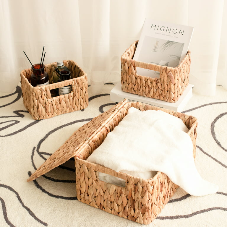 Wicker Storage Basket with Wooden Handle, Decorative Wicker Small Basket 3  Pack
