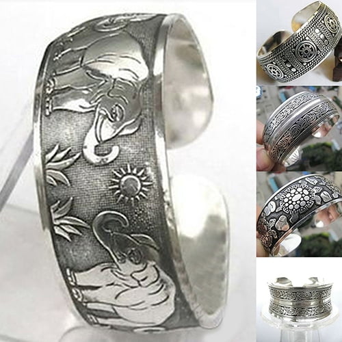 Opvise Vintage Tibetan Silver Elephant Carved Open Bangle Cuff Wide Bracelet Jewelry