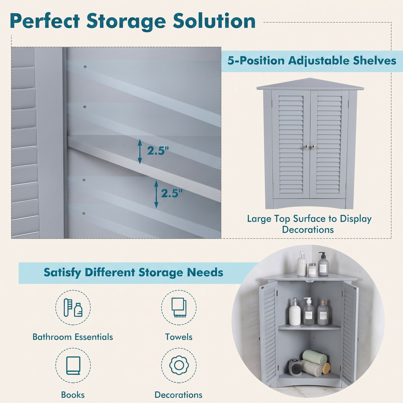 Fenbeli Bathroom Corner Storage Cabinet, Freestanding Floor Cabinet with Shutter Door and Adjustable Shelf, Anti-Tipping Space-Saving Wooden Organizer for, Gray