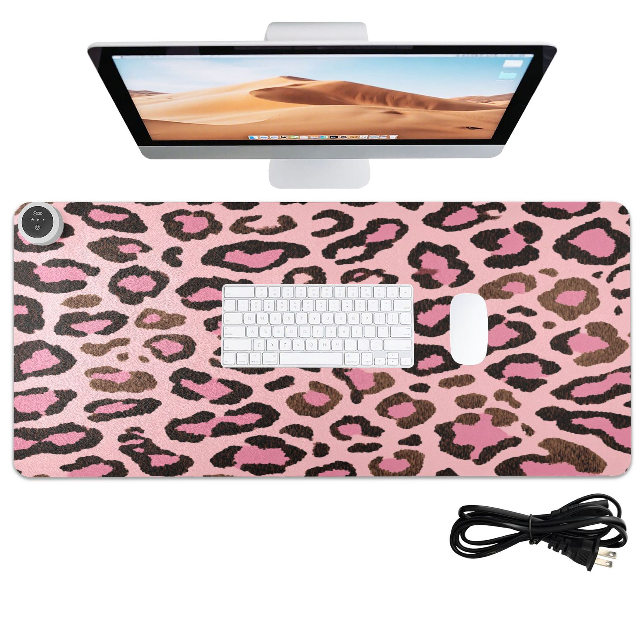 Large Heated Desk Mat Mouse Pad 31.5"x13"PU Leather Graphene Heating Desk Warmer with 3 Temperature Settings 110V US Plug Non-Slip Warm Pad for Home, Office, and Gaming Brushstroke Pink Cheetah Print