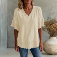 thumbnail image 3 of Linen Shirts for Women Summer Short Sleeve Loose Casual V Neck Raw Distressed T Shirt Lightweight Beach Tops, 3 of 5