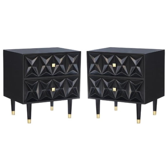 Home Square 2 Drawer Wood Geo Texture Nightstand in Black - Set of 2
