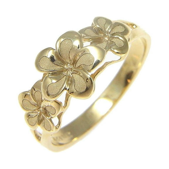 14K solid yellow gold 6.5mm-8mm-6.5mm Hawaiian plumeria flower ring