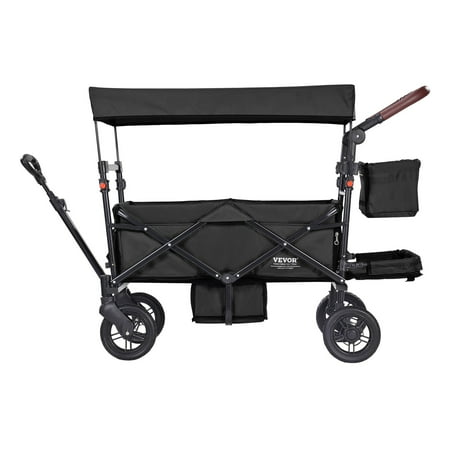 VEVOR Wagon Stroller for 2 Kids, Collapsible Push & Pull Tandem Stroller with Adjustable Handle, Removable Canopy, 4 Wheels with Brakes
