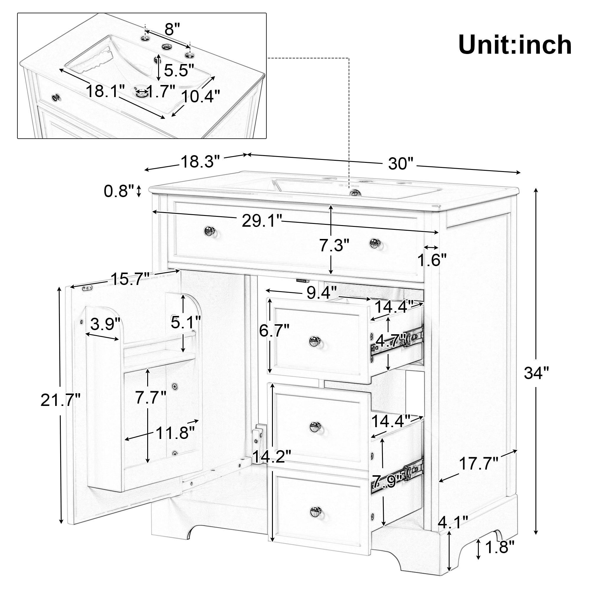 YIYADO 30 Inch Bathroom Vanity with Sink, Bathroom Vanity Cabinet with Door and Two Drawers, White