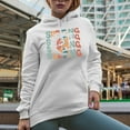 thumbnail image 2 of Surfing with a Surfer Image, Groovy Retro Wavy Text Merch Gift, White Hooded Sweatshirt or Hoodie, Small, 2 of 5