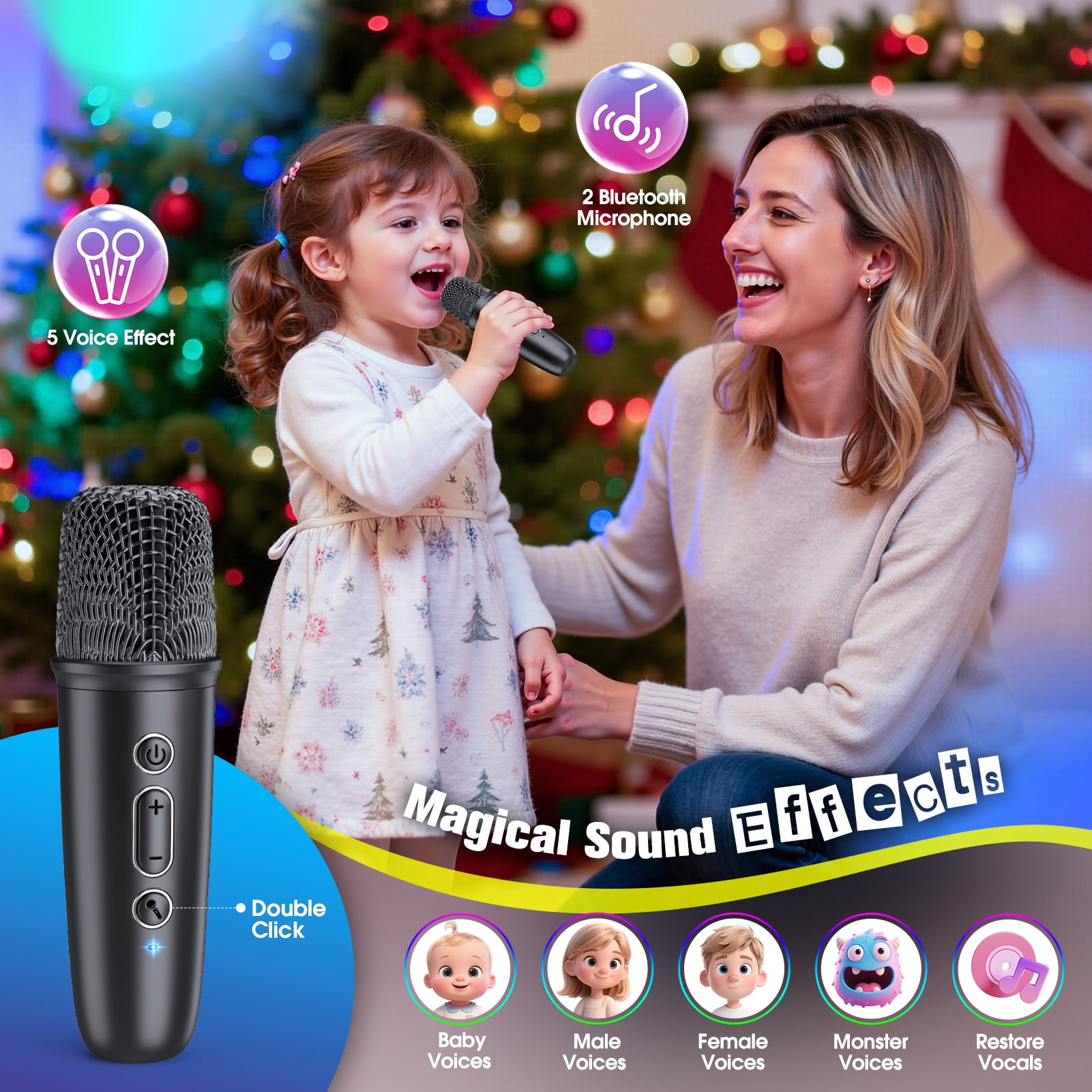 Karaoke Machine for Kids Adults, Portable Bluetooth Karaoke Speaker with 2 Wireless Microphones and Disco Party Lights, Mini Singing Toy Gift for Girls Boys Ages 4-12