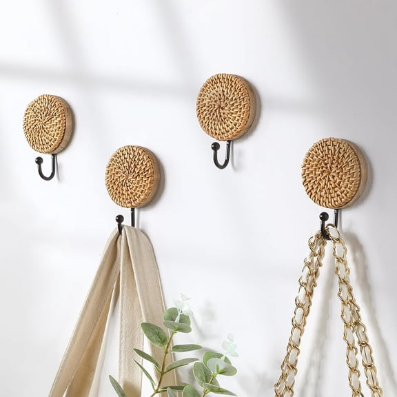 LQSEO 4 Pcs Boho Rattan Wall Towel Hooks Decorative Woven Hanging Holder Farmhouse Coat Rack Hooks Wood Coat Rack Wall Mount Vintage Decorative Hook for Hanging Coats(Round)