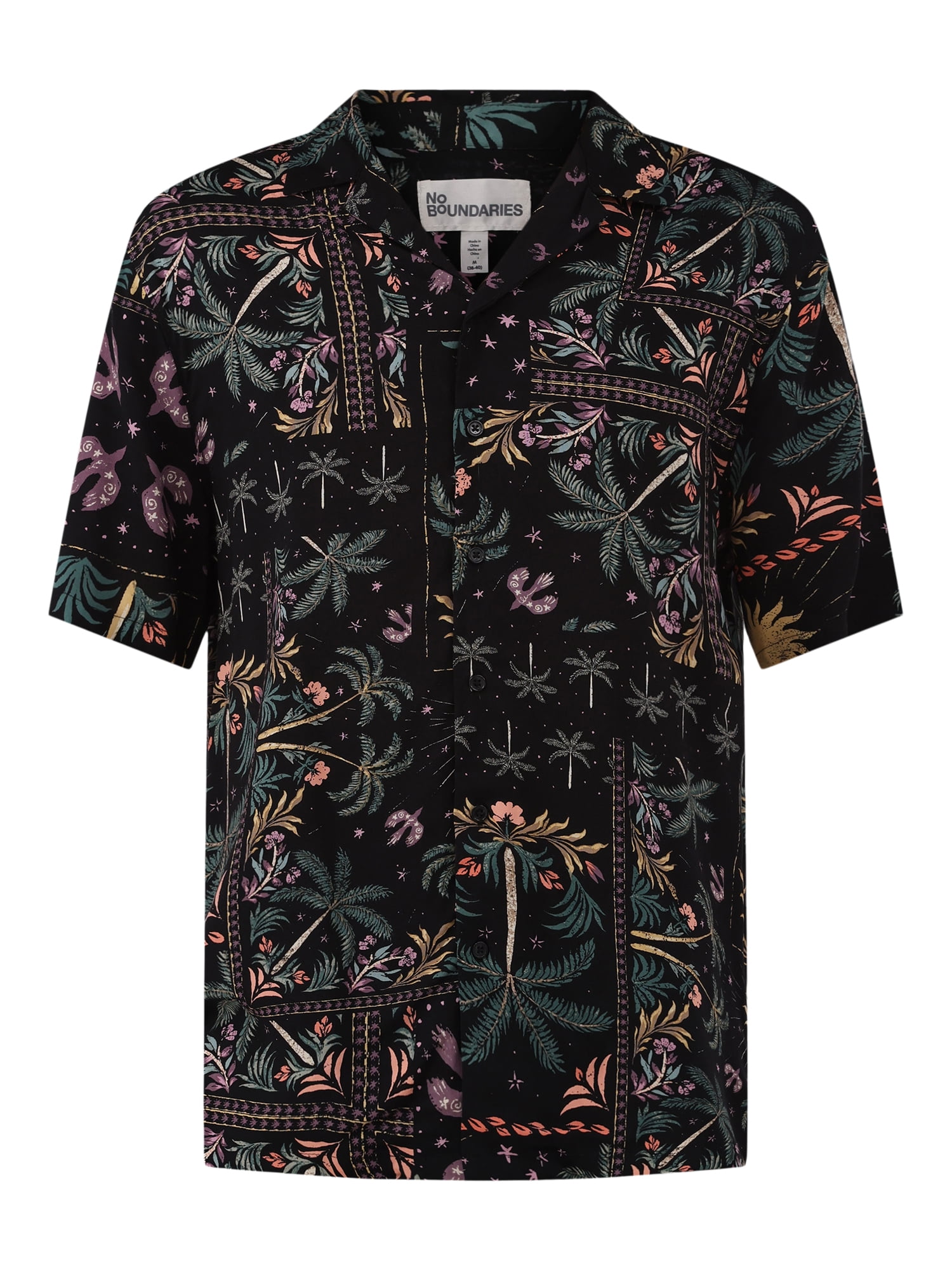 No Boundaries Printed Rayon Button Up Resort Shirt with Short Sleeves, Men's & Big Men's