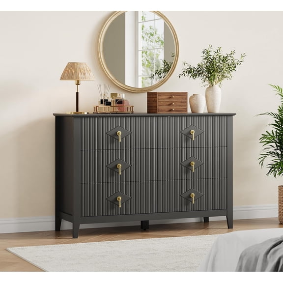 Fluted Dresser 47 Inch Wide Storage Organizer Cabinet for Living Room Hallway Entryway Black