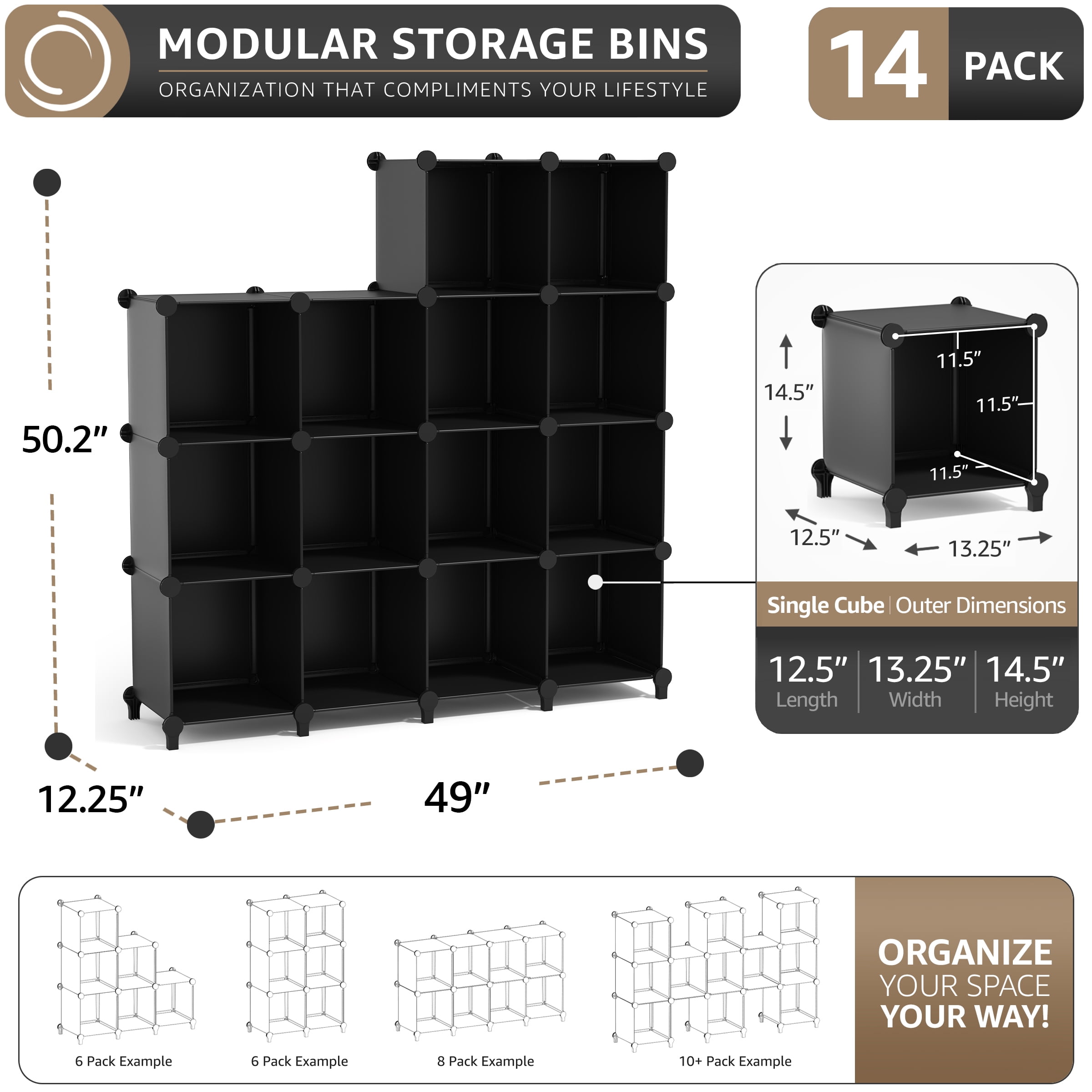 Sorbus 14-Cube Storage Organizer, Waterproof Cubby Shelf for Closet & Bedroom, Black