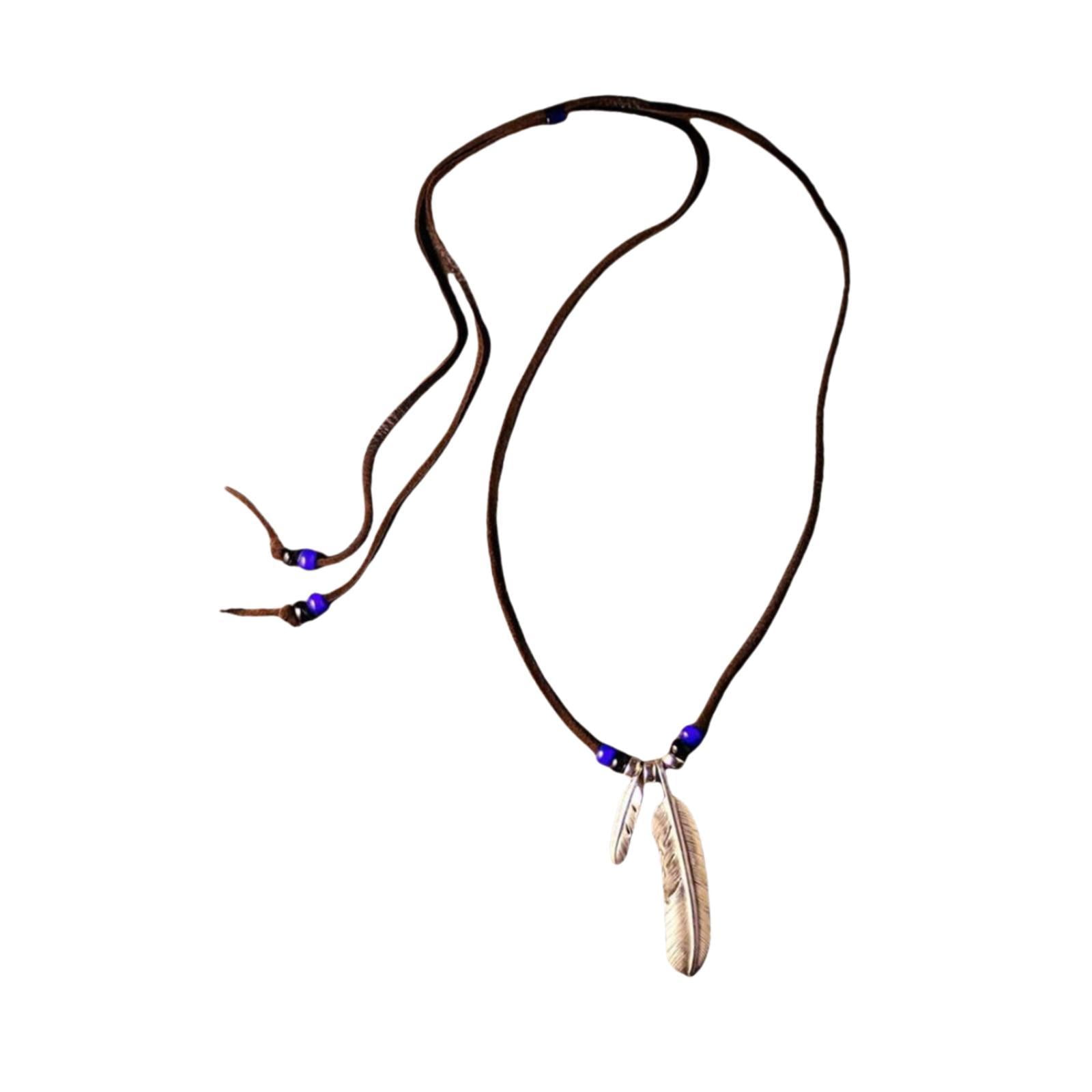 QccHieUs Feather Pendant Necklace Adjustable PU Leather Cord Jewelry Tribal Feather Charm normal