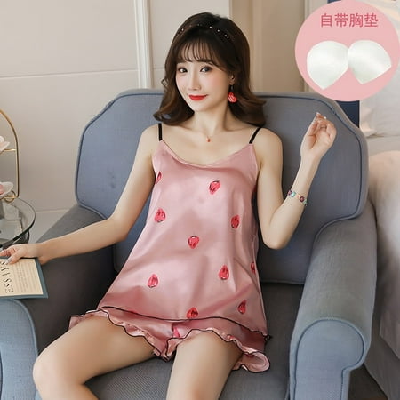 

PIKADINGNIS Fruit Print Lovely Sleepwear Home Suit Summer V-Neck Sleeveless Sexy Pyjamas Womens Two Piece Silk Pajamas Set with Chest Pad