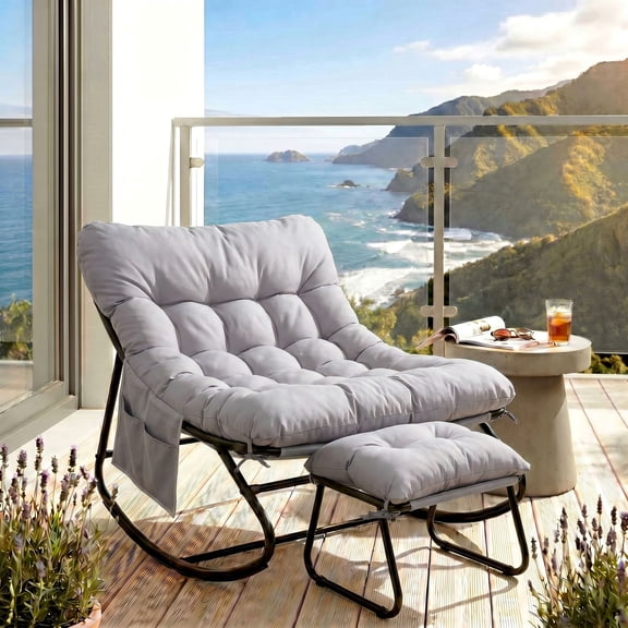 Pirecart Papasan Chair with Ottoman, Outdoor Comfy Rocking Chair with Cushion & Sturdy Metal Frame, Patio Lounge Chair for Balcony Backyard Porch Bedroom, Gray