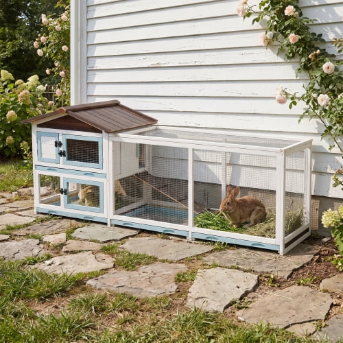 DRNANLIT Outdoor Multi-Level Fir Wood Rabbit Hutch with Removable Cleaning Trays, White and Blue