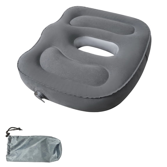 Inflatable Seat Cushion, Gray Flocked PVC Hemorrhoid Seat Cushion, Comfortable Donut Pillow with Hollow Design, 18.9 x 14.2 x 3.9 in, Portable Travel Cushion with Storage Bag
