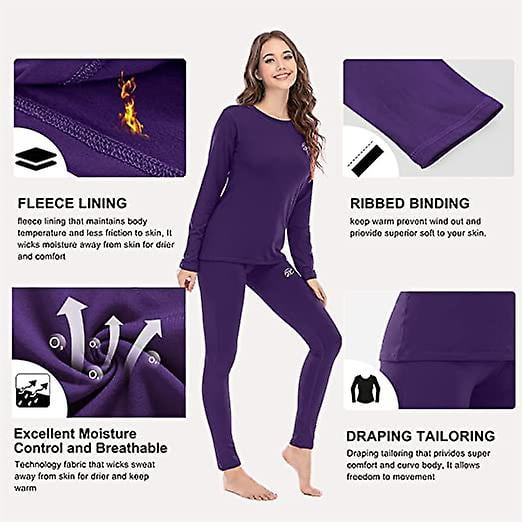 Womens Thermal Underwear Set Winter Base Layer For Ladies Long Sleeve Top & Bottom  Quick Dry Long Johns Suit With Fleece Lined 