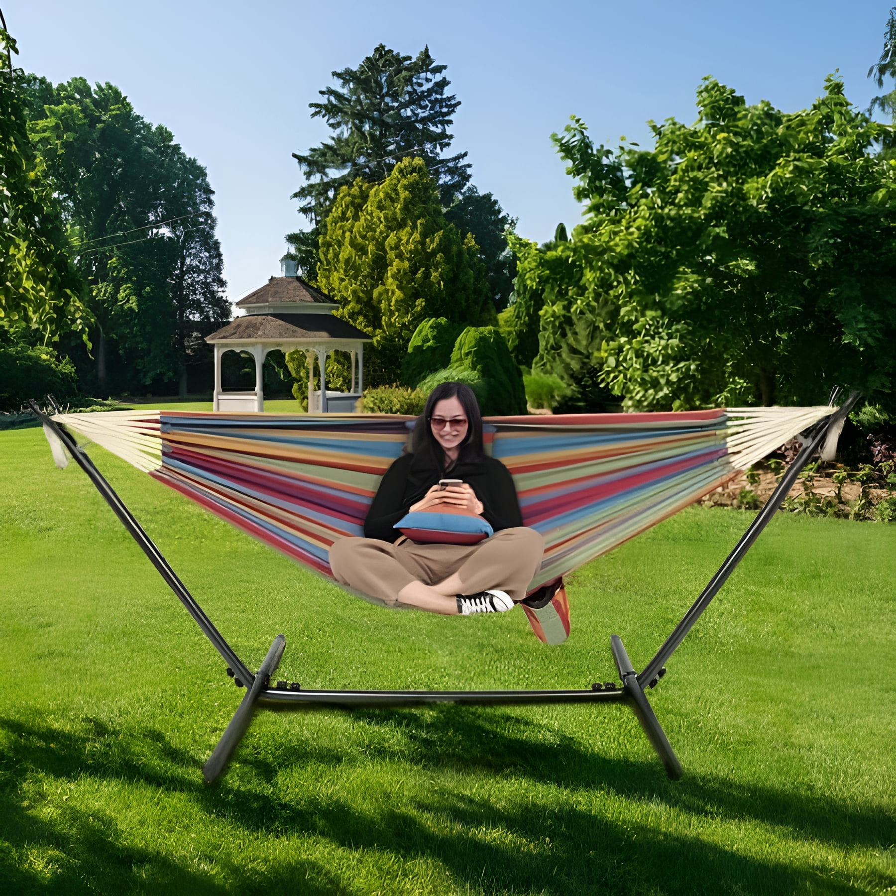 ONCLOUD 550 LBS Capacity Double Hammock with Stand Included with Portable Carrying Bag, 2-Person Hammock for Outdoors & Indoors - Rainbow Stripe
