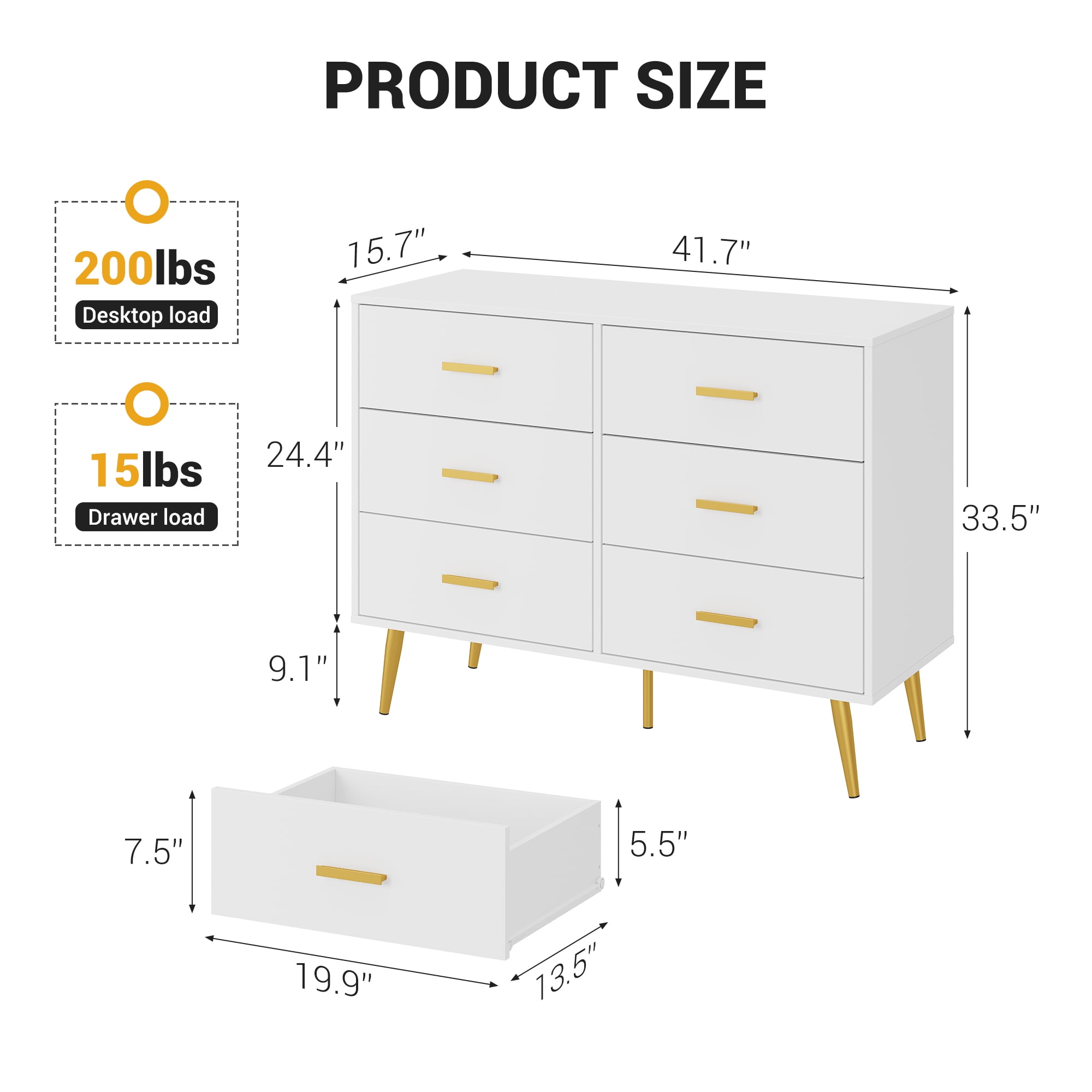 Kicctian Wooden Dresser Chest of Drawers, 6-Drawer Storage Cabinet with Gold Handles, Bedroom Dresser for Living Room, Hallway, Entryway Organizer,White