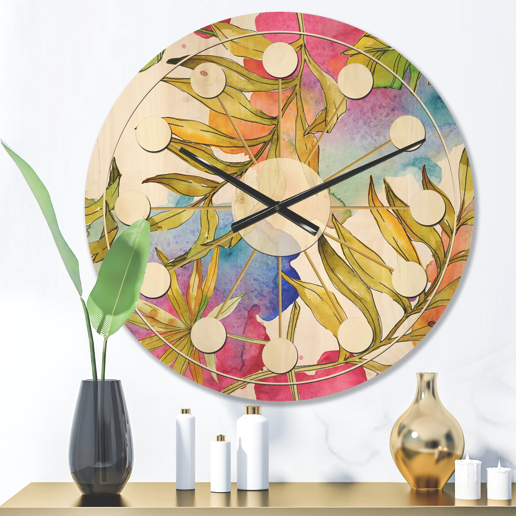 Designart 'Foliage Tropical II' Mid-Century Modern Wood Wall Clock