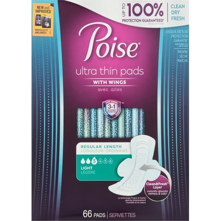 Poise Ultra Thin Light Absorbency Pads with Wings - Regular 4/66ct