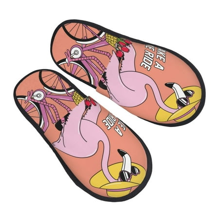 

KLL Flamingo Riding a Bicycle Slippers for Women Men House Slip on Indoor Outdoor Bedroom Furry Fleece Lined Ladies Comfy Anti-Skid Rubber Hard Sole-Medium