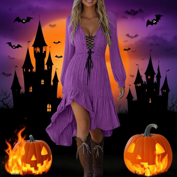 Ovbmpzd Medieval Gothic Fall Midi Dresses for Women Long Sleeves Sexy Halloween Cosplay Costumes V Neck Purple Lace Beach Dresses,M