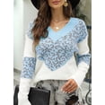 thumbnail image 4 of Female Striped Sweater Casual Leopard Long Sleeve V Neck Chunky Knit Drop Shoulder Pullover Jumper Tops Blue L, 4 of 8