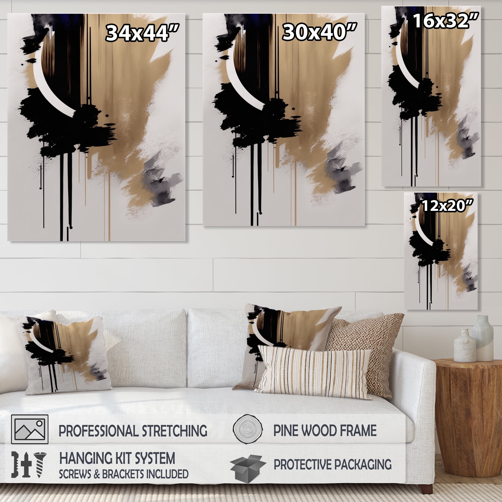 Designart Black, White And Gold Expression III Canvas Wall Art