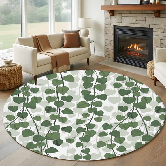 Round Rugs 5Ft, Green Ivy Leaves Round Area Rug Washable Indoor Throw Carpet, Spring Botanical Modern Country Soft Non Slip Circle Rug for Cabinet Bathroom Home Decor Aesthetic